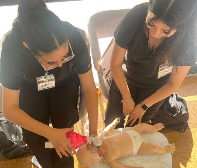 students performing CPR on test infant dummy
